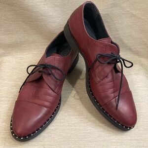 KALENA’S Sz 40  Leather Burgundy Lace Up Oxfords Almond Toe Studded Shoes